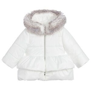 White Kids Puffer Jacket with Faux Fur Trim